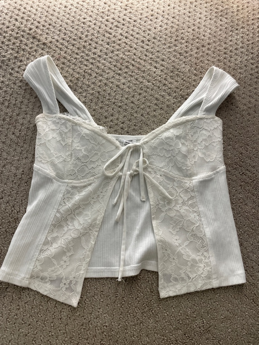 Garage White Lace Ribbed Tie-Front Tank Top